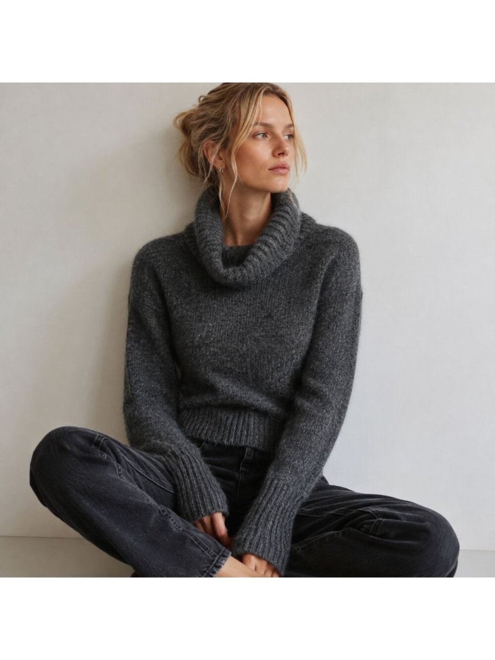 Vintage Y2K Mango Gray Angora Wool Cowl Neck Sweater Fuzzy Knit Women M Soft